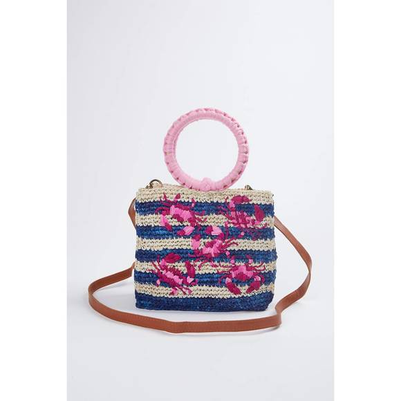 NEW ETHNIQUE shelly embroidered raffia cross-body wristlet bag in blue/pink - Picture 1 of 3